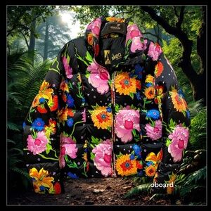 Women's Floral Puffer Jacket - Black and Pink